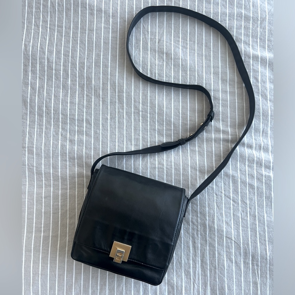 Vintage Perlina Crossbody or Shoulder Bag, Genuine Black Leather w Gold Hardware